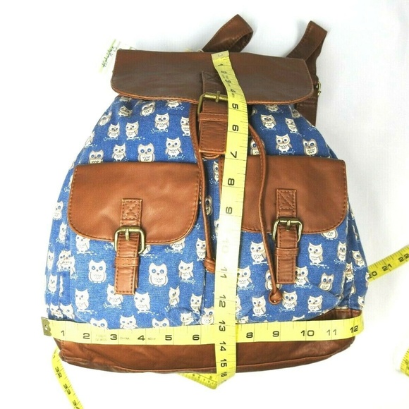 OWL Print Canvas Backpack Faux Leather Trim - Picture 6 of 8
